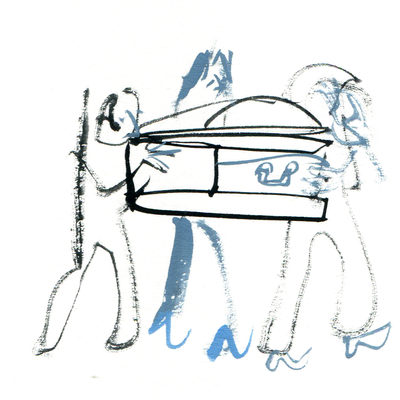Three people carrying a coffin